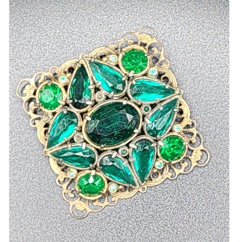 Vintage Sterling Button Co NY Green Glass Rhinestone Filigree Brooch Art DecoEra